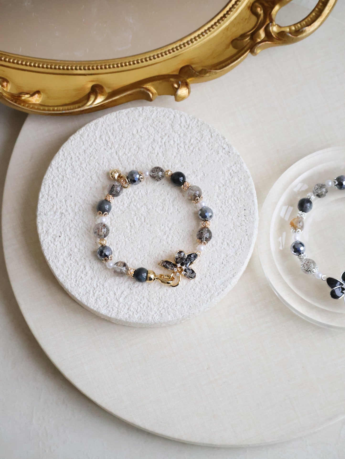 Black Strawberry Quartz, Hematite, Herkimer Diamond & Grey Tiger’s Eye — Plumeria Black | 8mm (Elastic, OT Clasp)