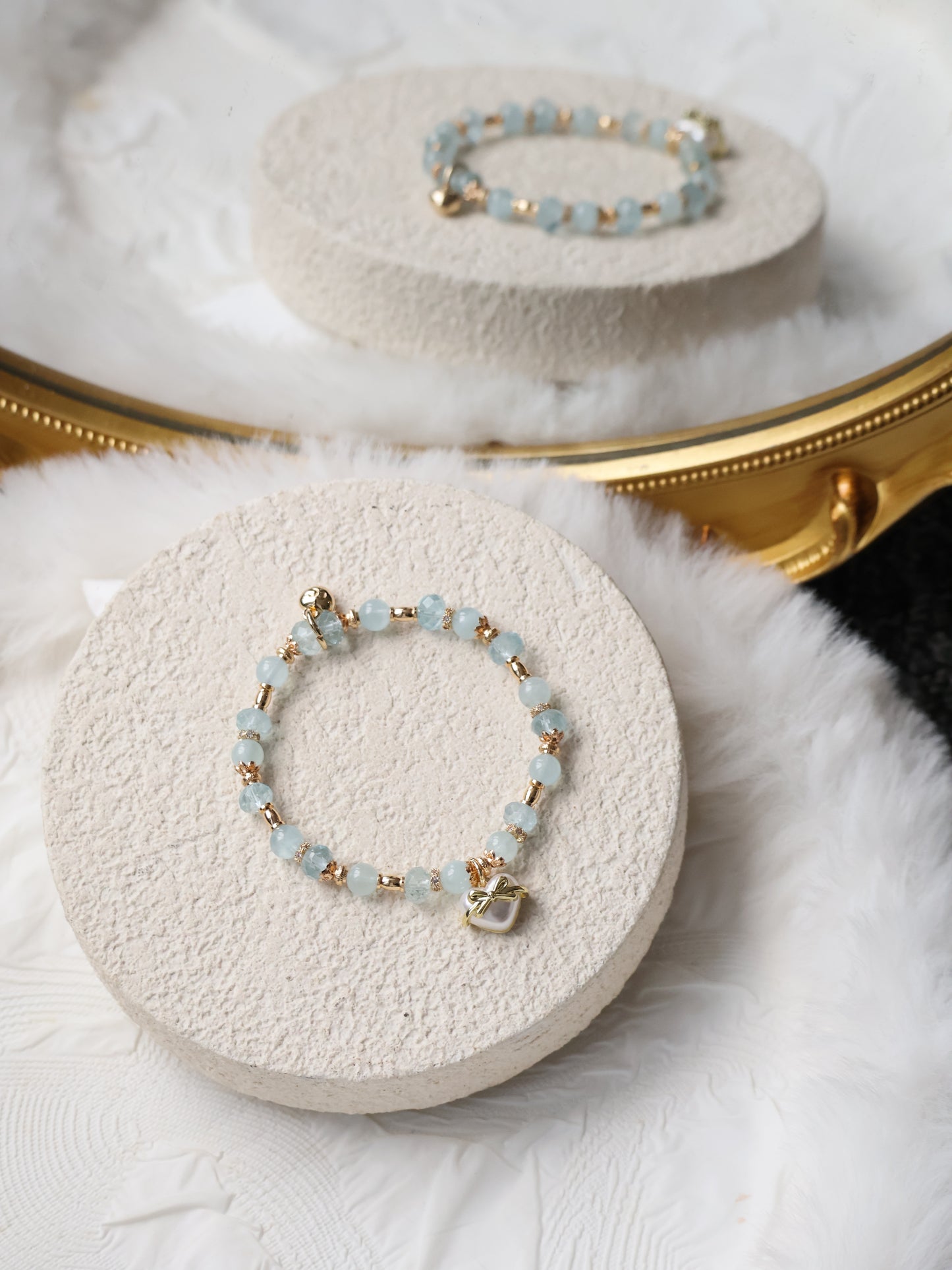 Blue Topaz & Aquamarine Crystal Bracelet with Heart Charm — Airi | 6mm (Elastic)