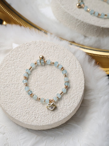 Blue Topaz & Aquamarine Crystal Bracelet with Heart Charm — Airi | 6mm (Elastic)