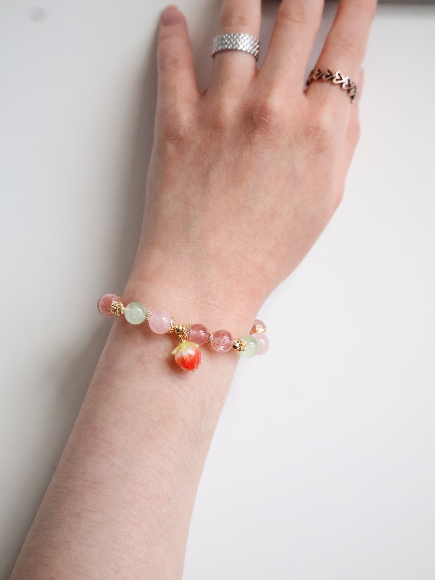 *Instocks* Anya: 8mm Strawberry Quartz, Prehnite, Rose Quartz, Heated Copper Rutile with Dangly Strawberry Charm