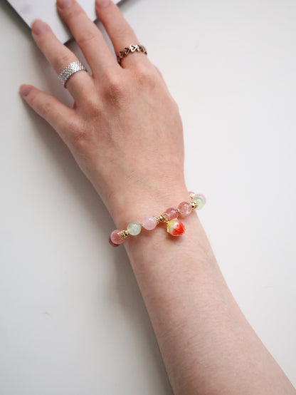 *Instocks* Anya: 8mm Strawberry Quartz, Prehnite, Rose Quartz, Heated Copper Rutile with Dangly Strawberry Charm