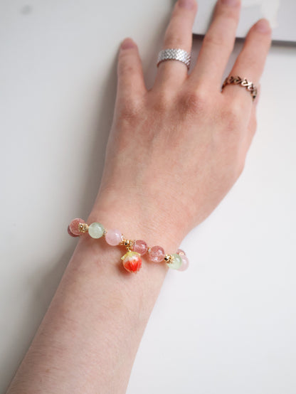 *Instocks* Anya: 8mm Strawberry Quartz, Prehnite, Rose Quartz, Heated Copper Rutile with Dangly Strawberry Charm