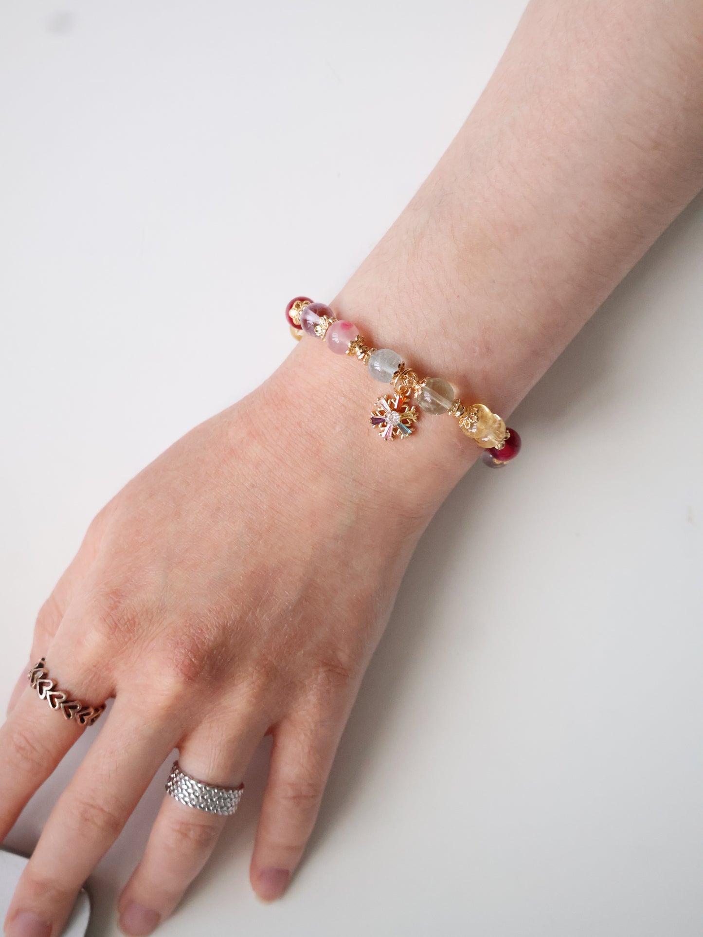 *Instocks* Prismette Duobao 多宝 - Prasiolite, Amethyst, Blue Topaz, Sakura Rhodonite, Red Star Ruby & Citrine Rondelles with Multi-Coloured Snowflake Crystal Bracelet (Elastic)