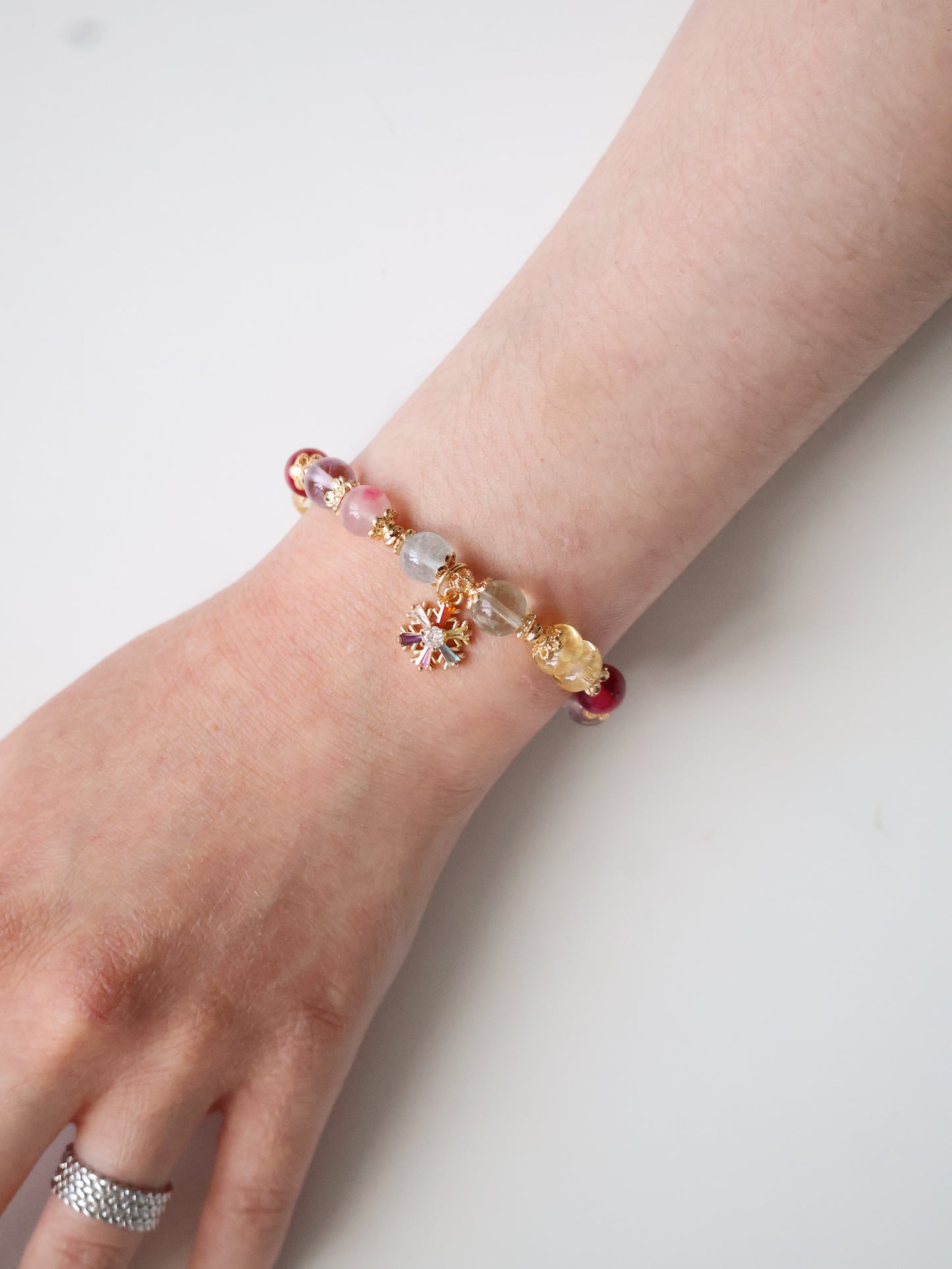 *Instocks* Prismette Duobao 多宝 - Prasiolite, Amethyst, Blue Topaz, Sakura Rhodonite, Red Star Ruby & Citrine Rondelles with Multi-Coloured Snowflake Crystal Bracelet (Elastic)