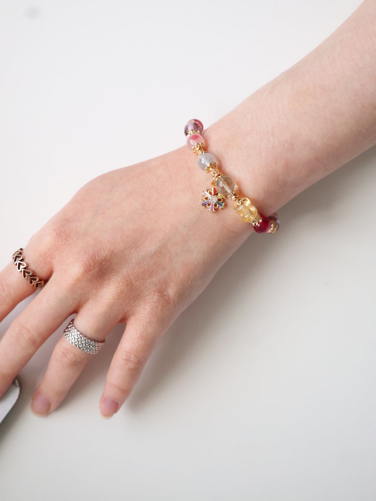 *Instocks* Prismette Duobao 多宝 - Prasiolite, Amethyst, Blue Topaz, Sakura Rhodonite, Red Star Ruby & Citrine Rondelles with Multi-Coloured Snowflake Crystal Bracelet (Elastic)