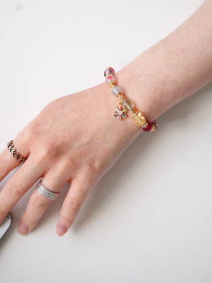 *Instocks* Prismette Duobao 多宝 - Prasiolite, Amethyst, Blue Topaz, Sakura Rhodonite, Red Star Ruby & Citrine Rondelles with Multi-Coloured Snowflake Crystal Bracelet (Elastic)