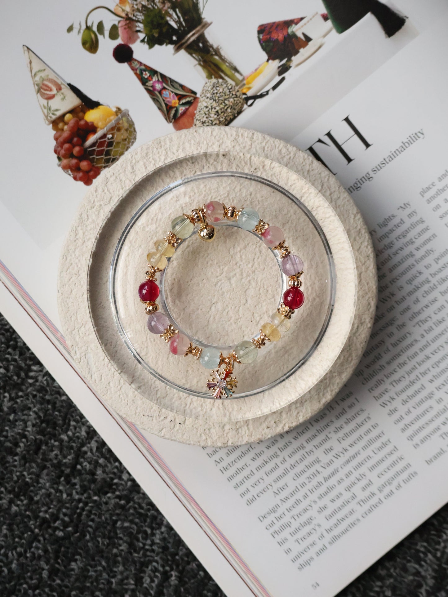 *Instocks* Prismette Duobao 多宝 - Prasiolite, Amethyst, Blue Topaz, Sakura Rhodonite, Red Star Ruby & Citrine Rondelles with Multi-Coloured Snowflake Crystal Bracelet (Elastic)