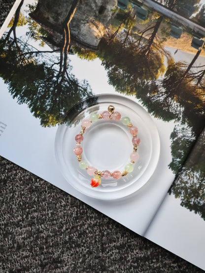 *Instocks* Anya: 8mm Strawberry Quartz, Prehnite, Rose Quartz, Heated Copper Rutile with Dangly Strawberry Charm