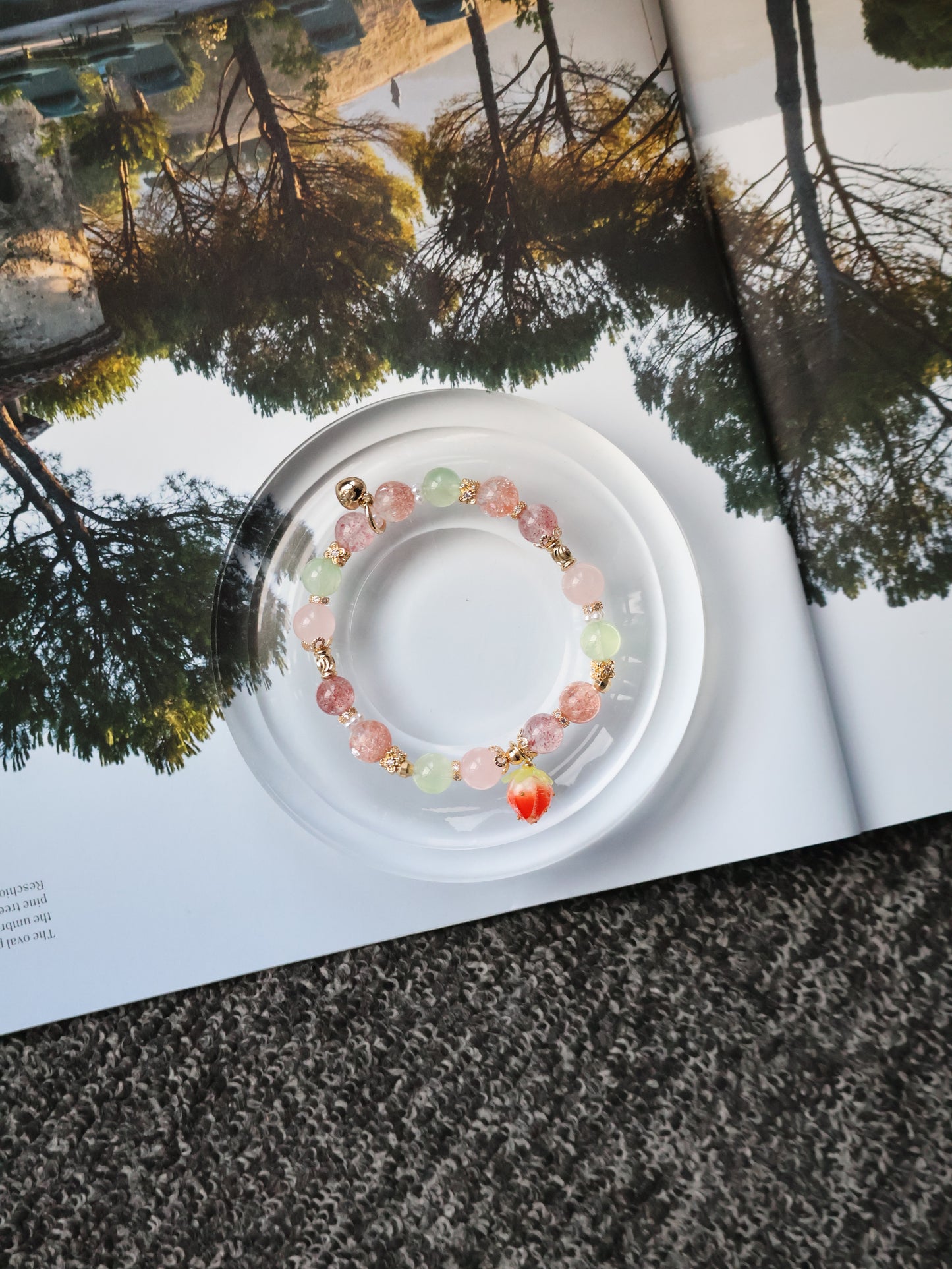 *Instocks* Anya: 8mm Strawberry Quartz, Prehnite, Rose Quartz, Heated Copper Rutile with Dangly Strawberry Charm