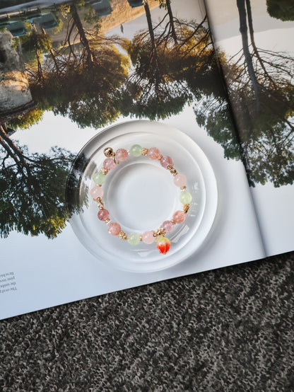 *Instocks* Anya: 8mm Strawberry Quartz, Prehnite, Rose Quartz, Heated Copper Rutile with Dangly Strawberry Charm