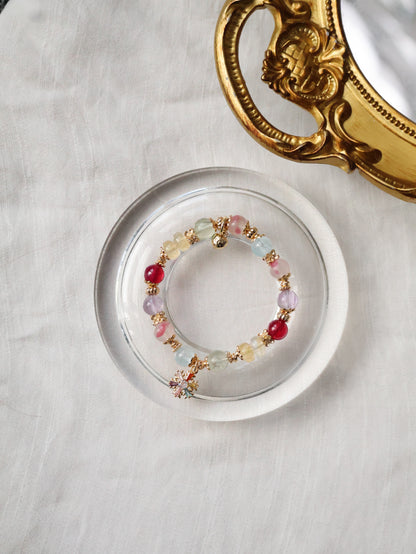 *Instocks* Prismette Duobao 多宝 - Prasiolite, Amethyst, Blue Topaz, Sakura Rhodonite, Red Star Ruby & Citrine Rondelles with Multi-Coloured Snowflake Crystal Bracelet (Elastic)
