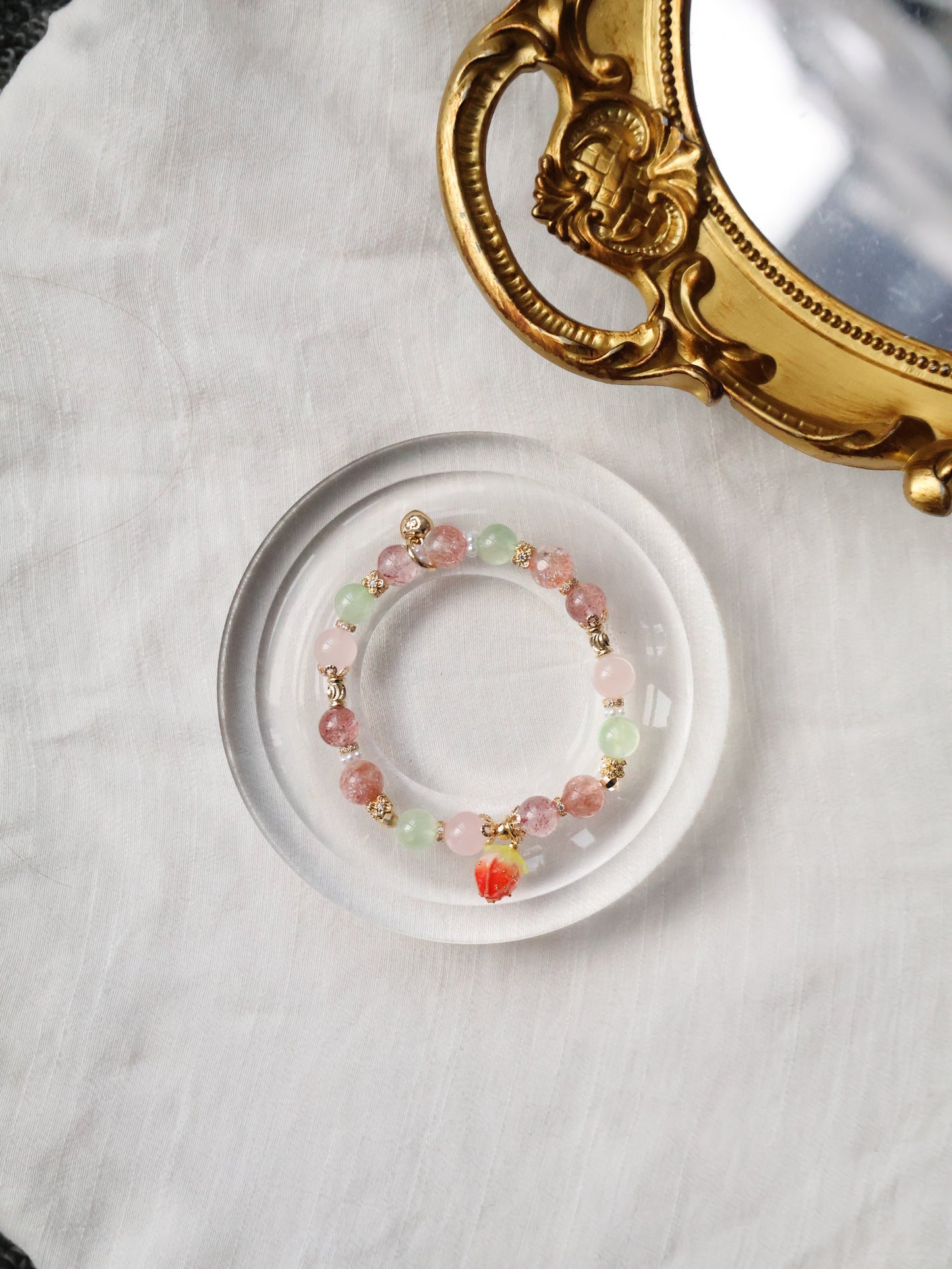 *Instocks* Anya: 8mm Strawberry Quartz, Prehnite, Rose Quartz, Heated Copper Rutile with Dangly Strawberry Charm