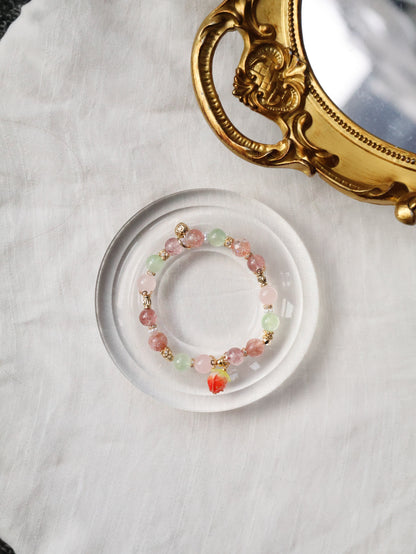 *Instocks* Anya: 8mm Strawberry Quartz, Prehnite, Rose Quartz, Heated Copper Rutile with Dangly Strawberry Charm