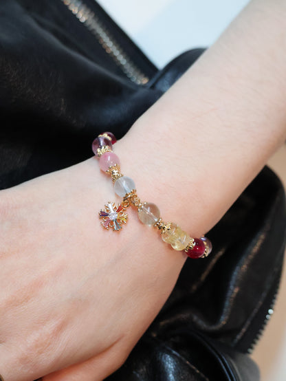 *Instocks* Prismette Duobao 多宝 - Prasiolite, Amethyst, Blue Topaz, Sakura Rhodonite, Red Star Ruby & Citrine Rondelles with Multi-Coloured Snowflake Crystal Bracelet (Elastic)