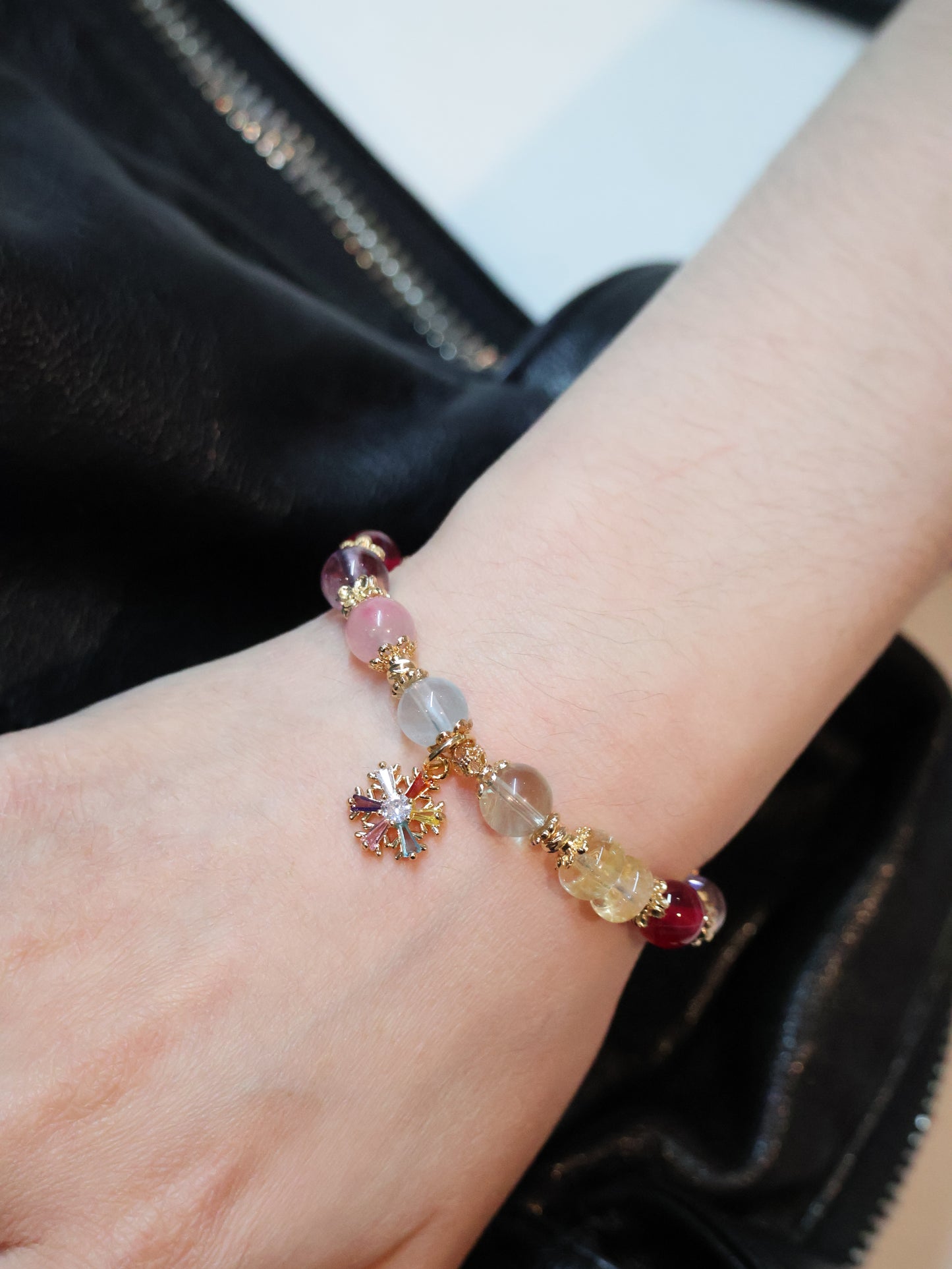*Instocks* Prismette Duobao 多宝 - Prasiolite, Amethyst, Blue Topaz, Sakura Rhodonite, Red Star Ruby & Citrine Rondelles with Multi-Coloured Snowflake Crystal Bracelet (Elastic)