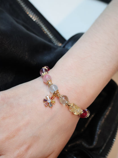 *Instocks* Prismette Duobao 多宝 - Prasiolite, Amethyst, Blue Topaz, Sakura Rhodonite, Red Star Ruby & Citrine Rondelles with Multi-Coloured Snowflake Crystal Bracelet (Elastic)