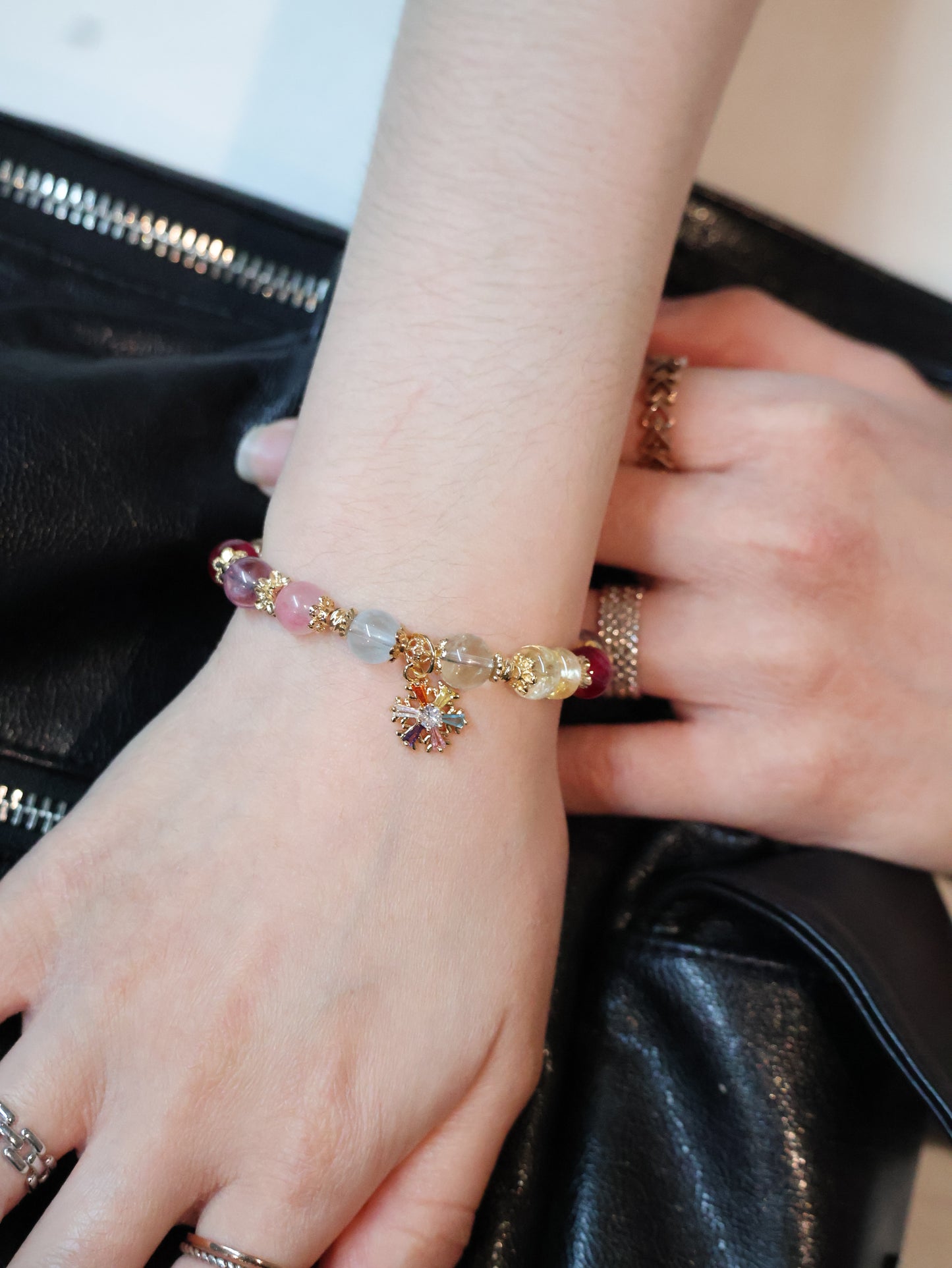 *Instocks* Prismette Duobao 多宝 - Prasiolite, Amethyst, Blue Topaz, Sakura Rhodonite, Red Star Ruby & Citrine Rondelles with Multi-Coloured Snowflake Crystal Bracelet (Elastic)