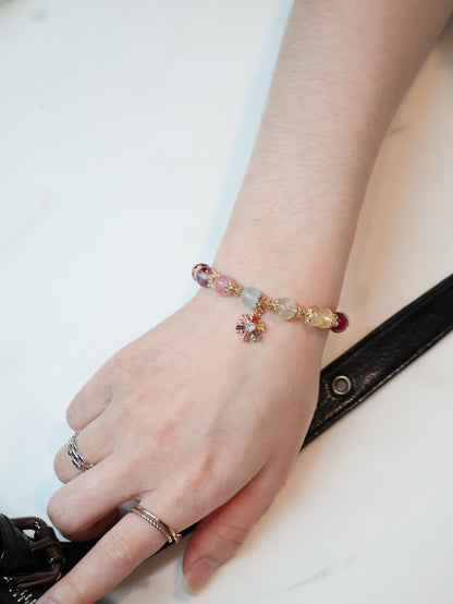 *Instocks* Prismette Duobao 多宝 - Prasiolite, Amethyst, Blue Topaz, Sakura Rhodonite, Red Star Ruby & Citrine Rondelles with Multi-Coloured Snowflake Crystal Bracelet (Elastic)