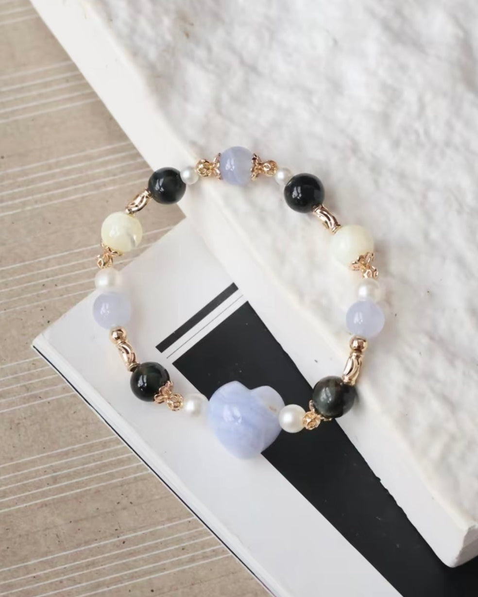 *Instocks* 8mm Blue Lace Agate with Heart Carving, White Conch , Hypersthene