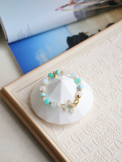 Aquamarine, Larimar, White Garden Quartz & Amazonite — Plumeria Blue | 8mm (Elastic, OT Clasp)