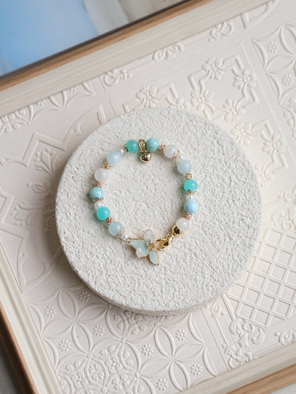 Aquamarine, Larimar, White Garden Quartz & Amazonite — Plumeria Blue | 8mm (Elastic, OT Clasp)
