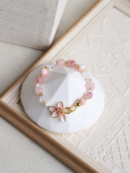 Crackled Clear Quartz, Rose Quartz, Rhodonite & Queen Conch — Plumeria Pink | 8mm (Elastic / OT Clasp)