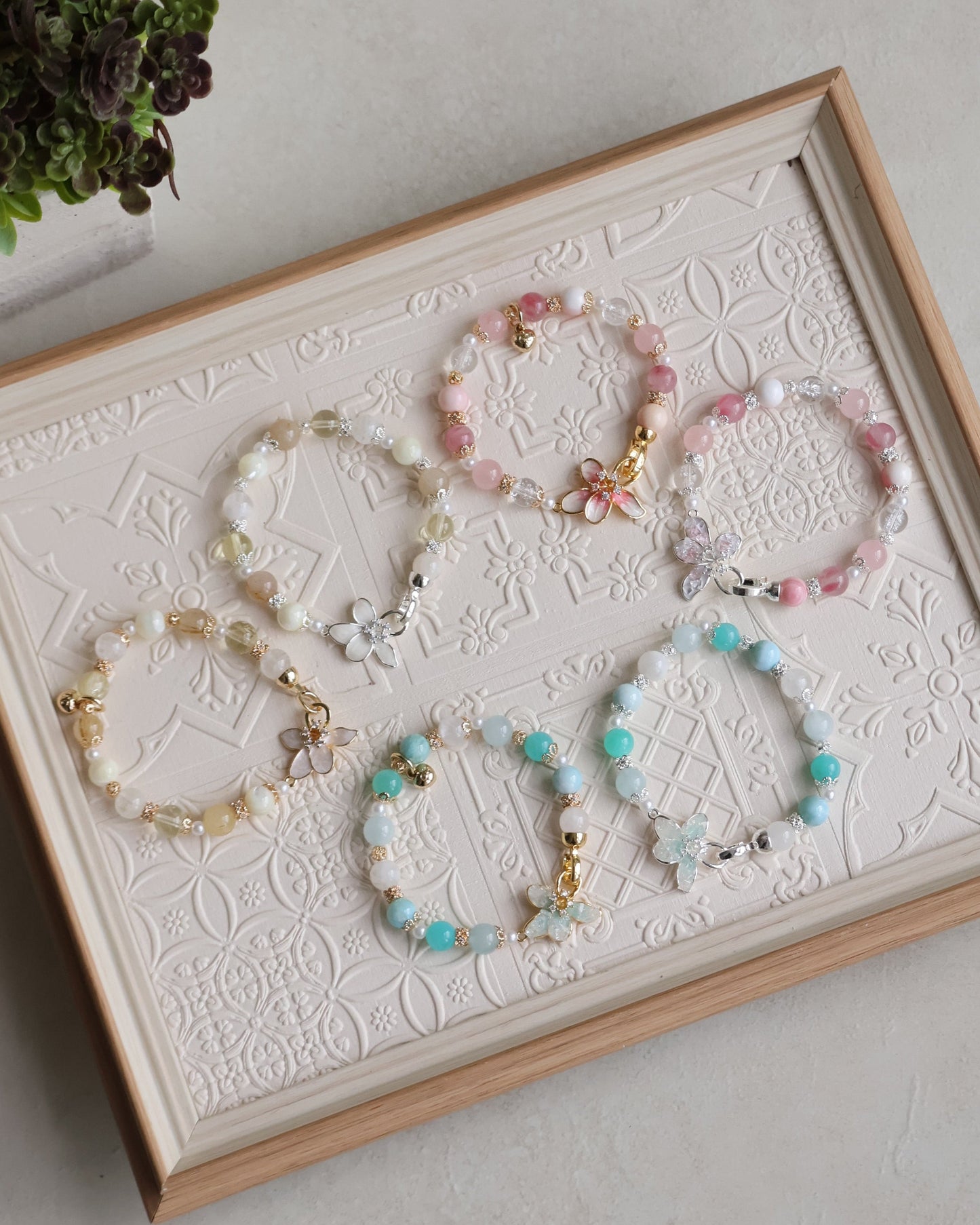 Aquamarine, Larimar, White Garden Quartz & Amazonite — Plumeria Blue | 8mm (Elastic, OT Clasp)