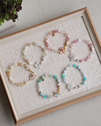 Aquamarine, Larimar, White Garden Quartz & Amazonite — Plumeria Blue | 8mm (Elastic, OT Clasp)