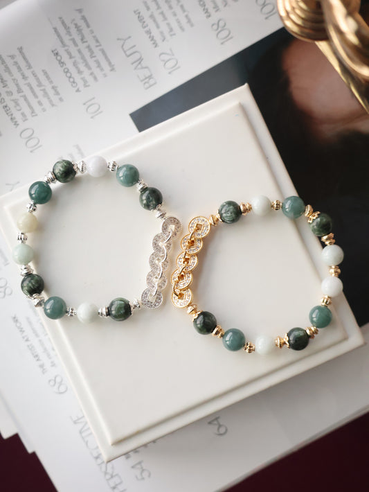 *Instocks*  -  Fengshui Coins Eirene - 8mm Seraphinite, Blue Water Jadeite & Green Jadeite (Elastic)