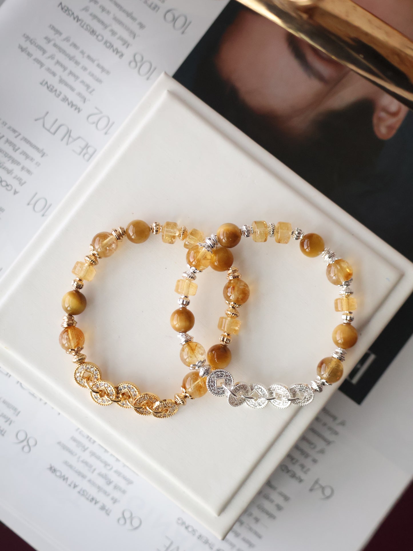 *Instocks*  -  Fengshui Coins Prospera - 8mm Citrine & Tiger's Eye (Elastic)