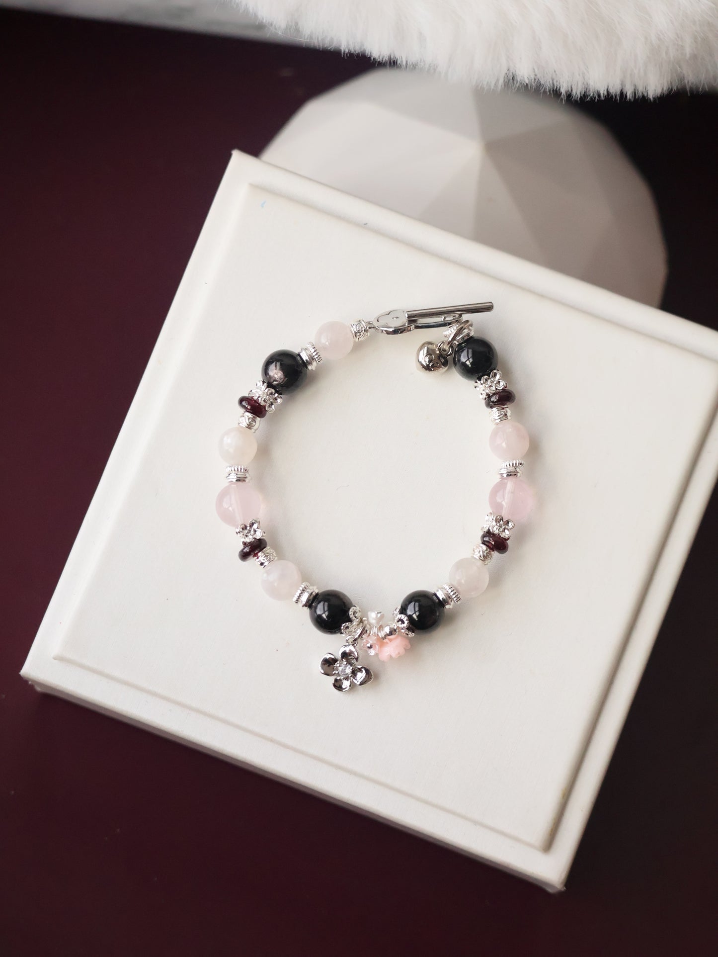 *Instocks*  Noir Reverie - 8mm Hyperstene, Pink Purple Emerald Mica, Rose Quartz, Garnet (Elastic)