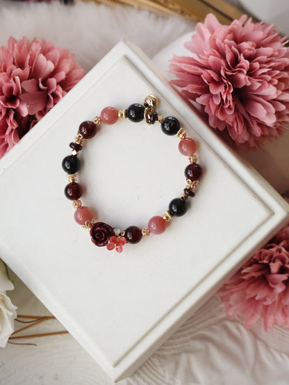 *Instocks*  Rewine - 8mm Yan Yuan Agate, Hypersthene, Garnet with Cinnabar Rose Carving