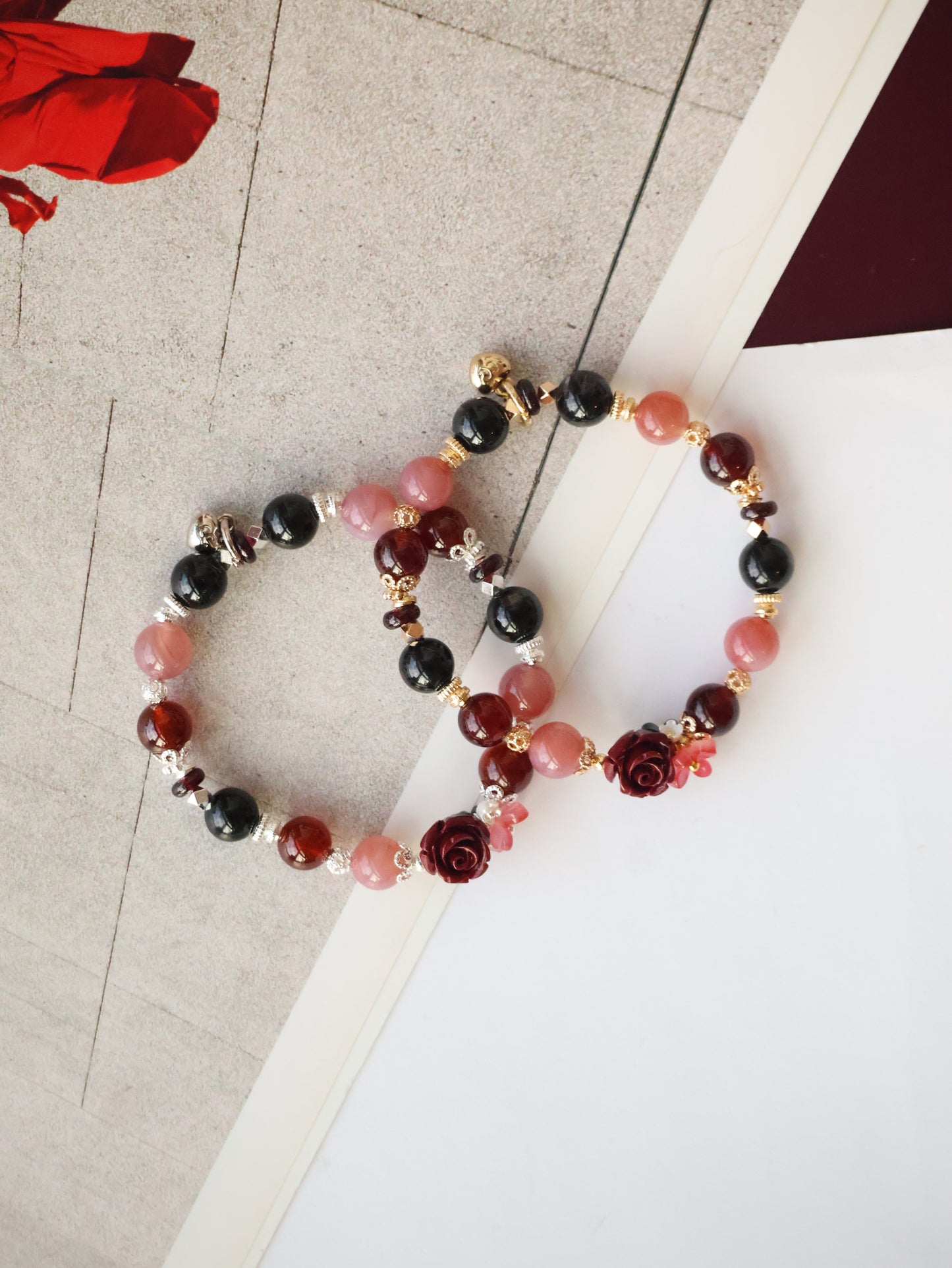 *Instocks*  Rewine - 8mm Yan Yuan Agate, Hypersthene, Garnet with Cinnabar Rose Carving