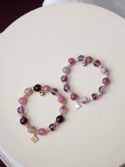*Instocks*  -  The Luxe Edit - 10mm Lavender Rose Quartz, Amethyst, Unicorn Stone & Purple Fluorite with Clover Charm (Elastic)