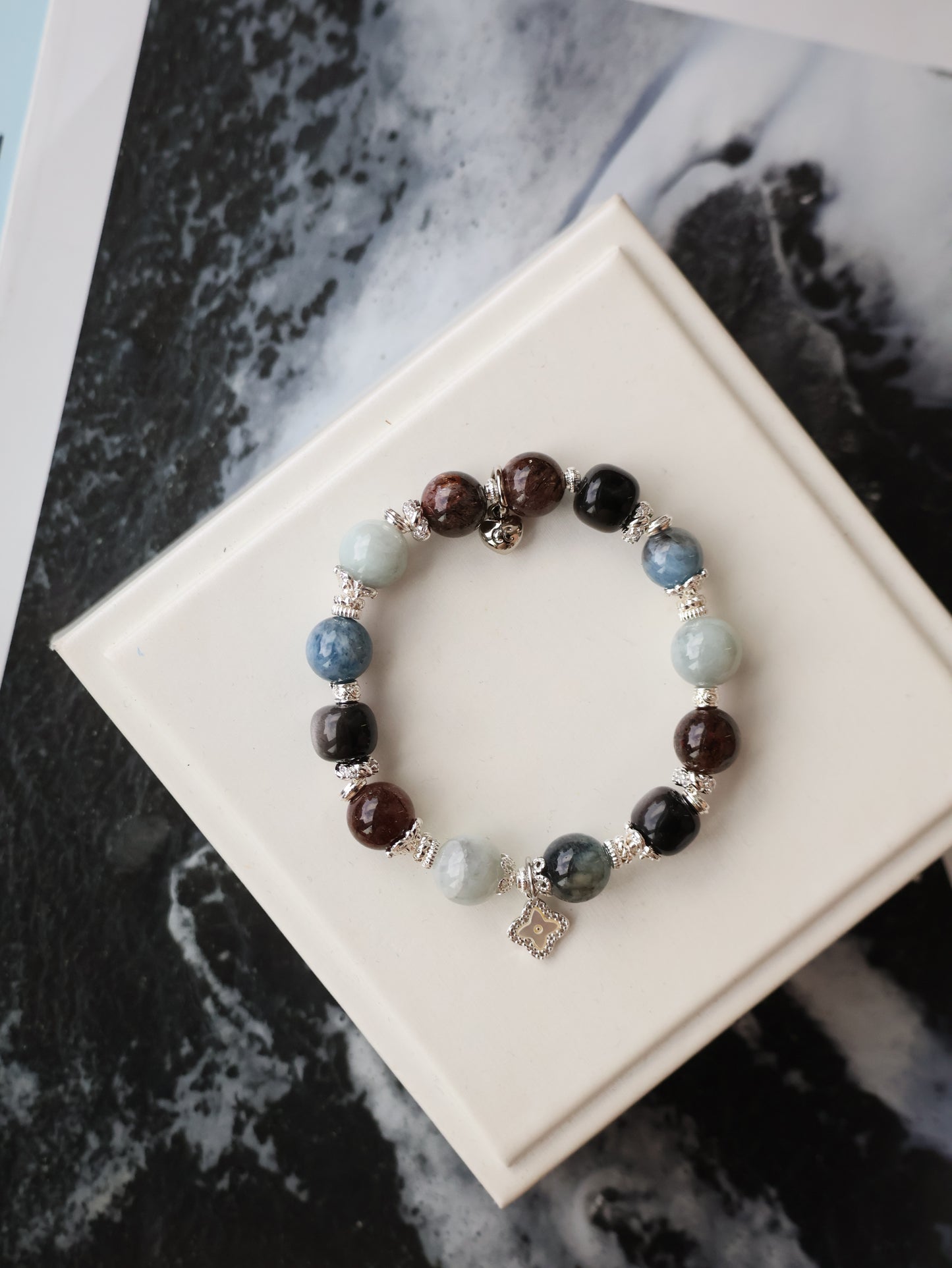 Black Obsidian, Black Gold Super 7, Devil Blue Aquamarine & Wuji Jadeite Crystal Bracelet with Clover Charm — The Luxe Edit | 10mm (Elastic)