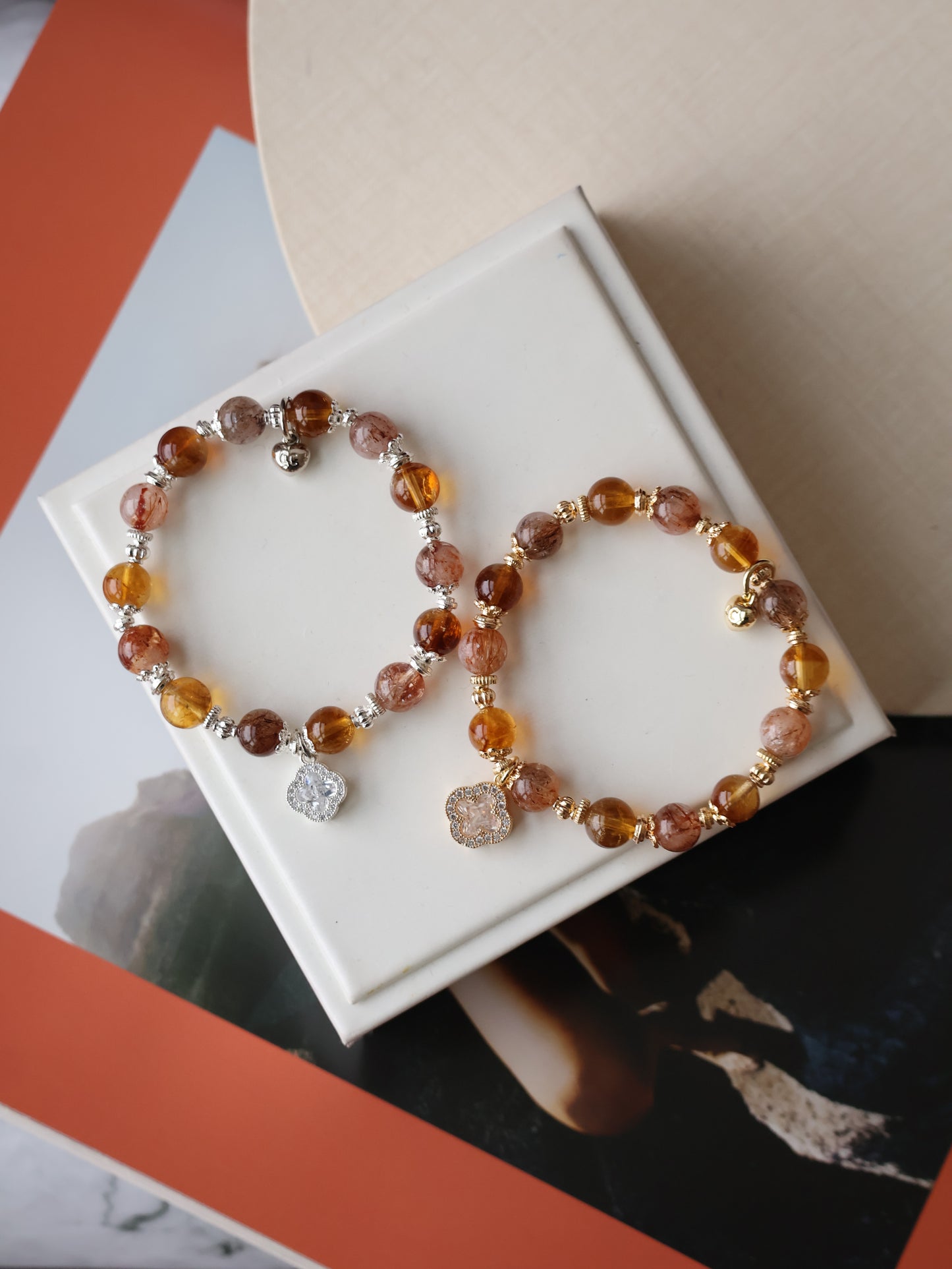 Citrine & Black Gold Super 7 Crystal Bracelet — Cordelia Twin Sparkly Clover | 8mm + 10mm (Elastic)