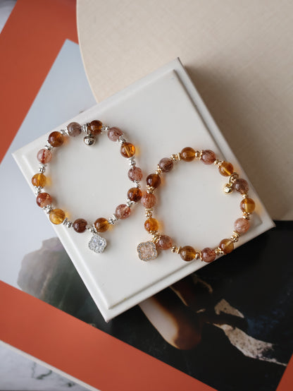 Citrine & Black Gold Super 7 Crystal Bracelet — Cordelia Twin Sparkly Clover | 8mm + 10mm (Elastic)