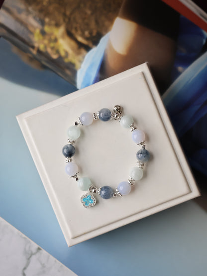 Blue Chalcedony, Aquamarine & Blue Rabbit Hair Crystal Bracelet — Cordelia Twin Sparkly Clover | 8mm + 10mm (Elastic)