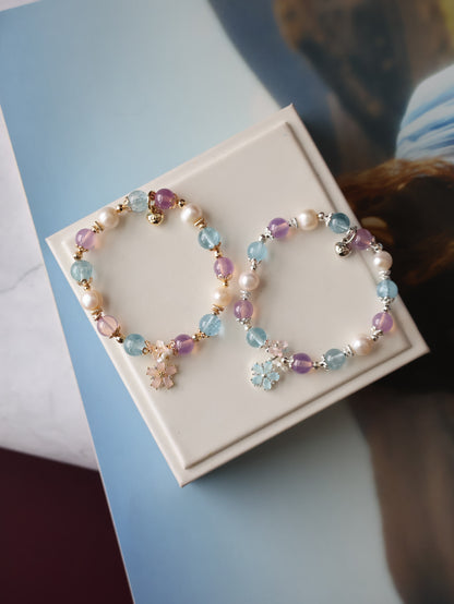 *Instocks* Arendelle  - 8mm Ruby, Blue Topaz, Freshwater Pearl with Flower Charm (Elastic)