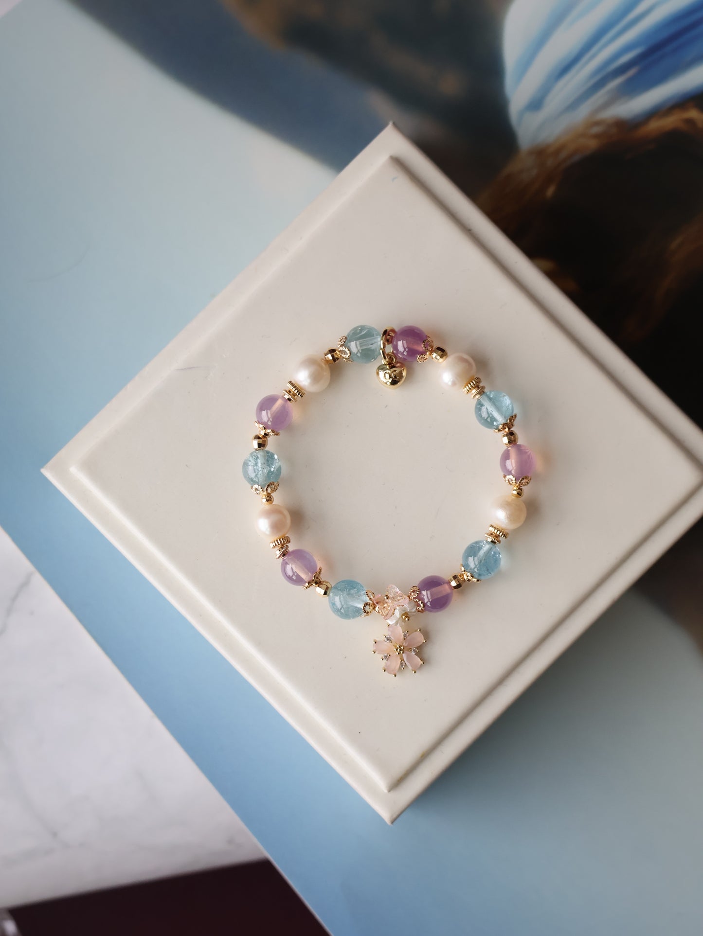 *Instocks* Arendelle  - 8mm Ruby, Blue Topaz, Freshwater Pearl with Flower Charm (Elastic)