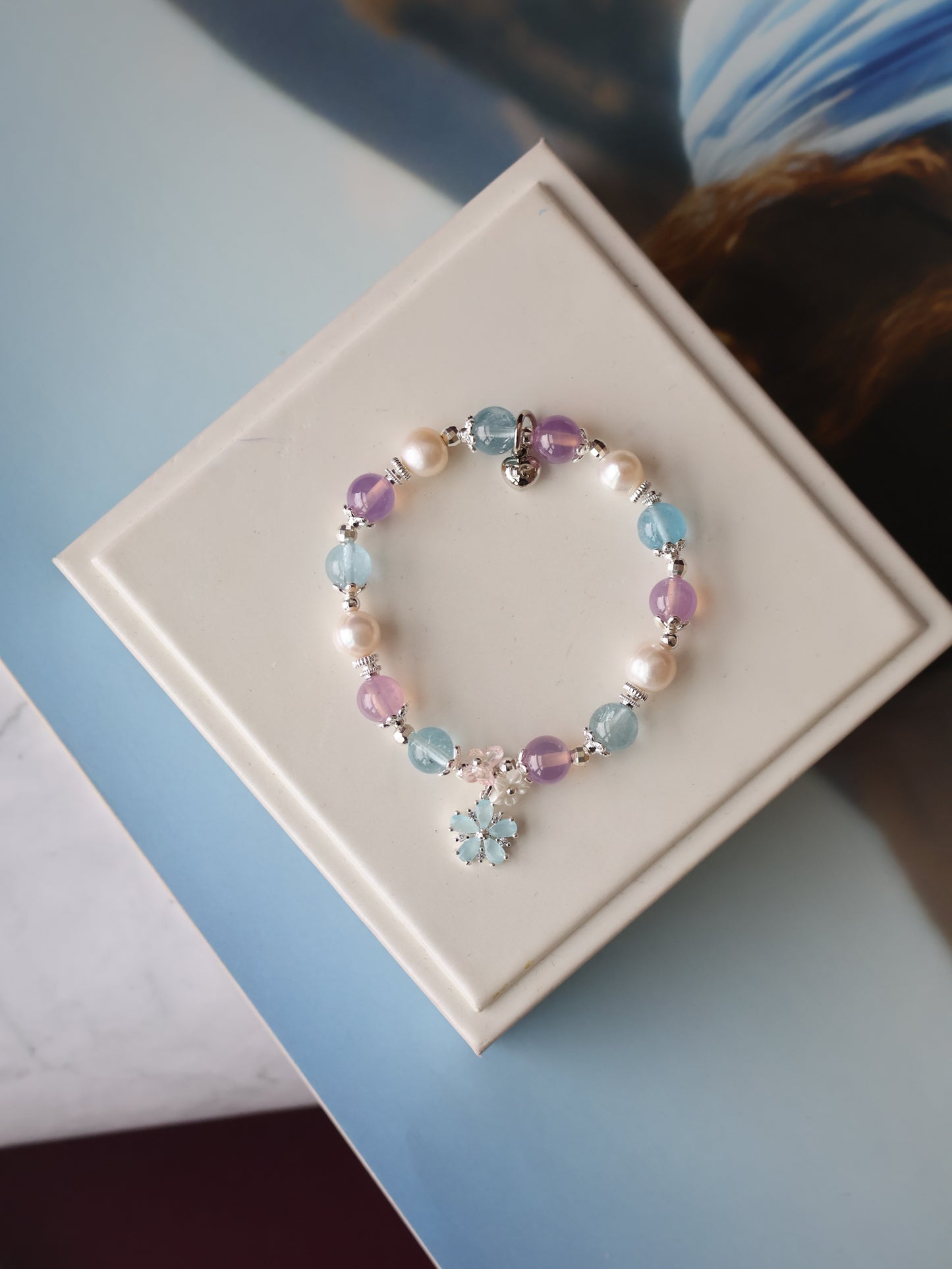 *Instocks* Arendelle  - 8mm Ruby, Blue Topaz, Freshwater Pearl with Flower Charm (Elastic)