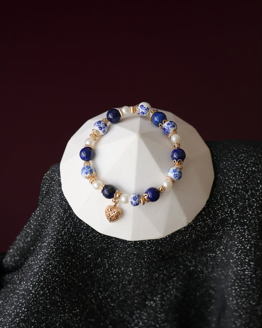 *Instocks* Chinese Porcelain Inspired - 8mm Lapis Lazuli with Heart Dangly
