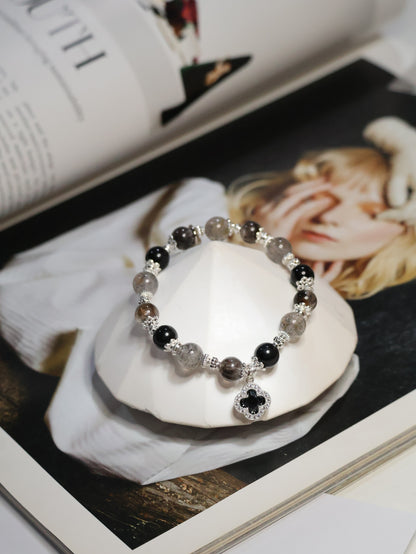 Black Strawberry Quartz, Black Tourmaline & Herkimer Diamond with Sparkly Black Clover — Cordelia Twin Crystal Bracelet | 8mm & 10mm (Elastic)