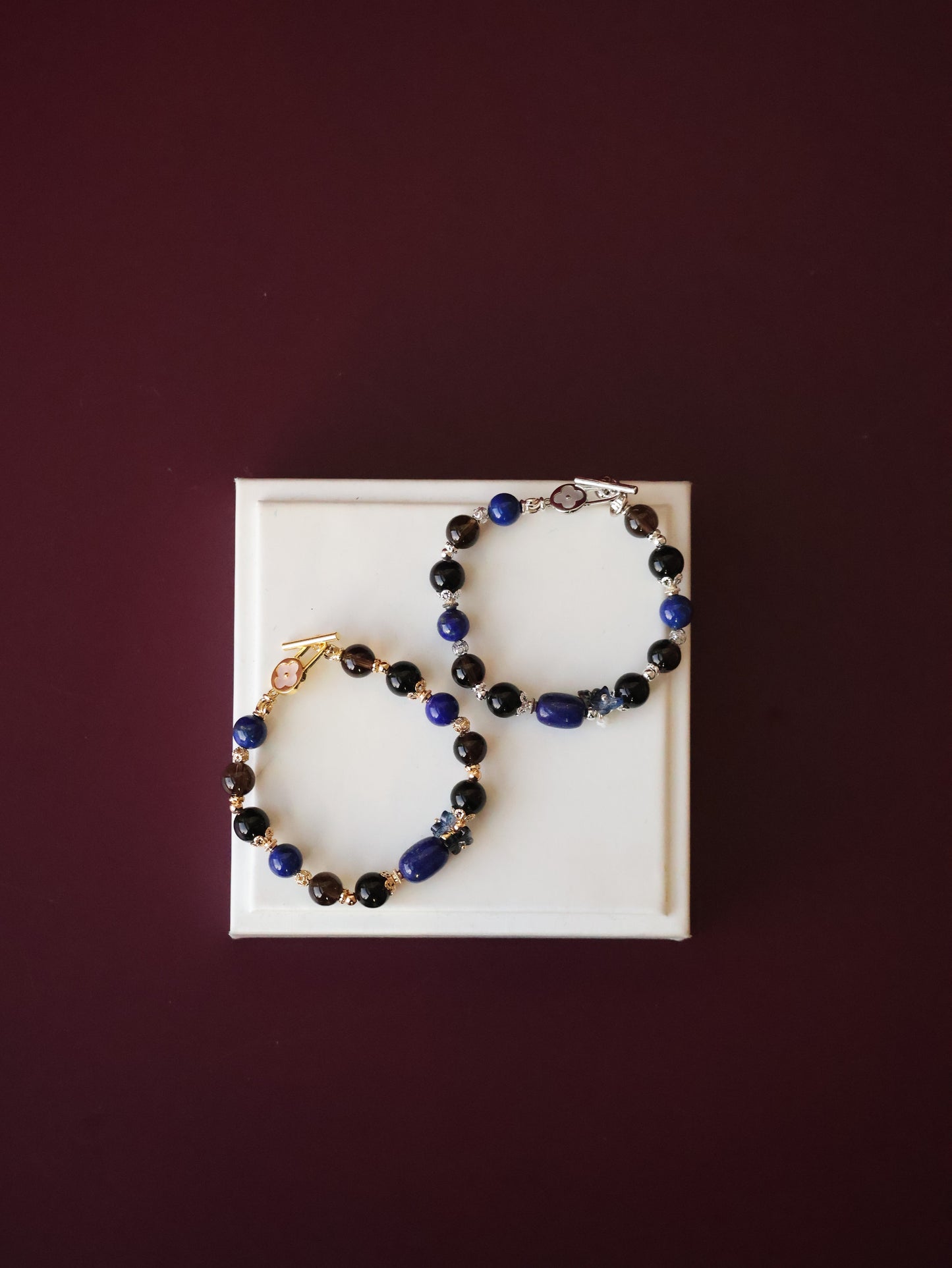 *Instocks*  Lunaris- 8mm Lapis Lazuli Barrel, Black Obsidian, Smoky Quartz with Bouquet OT Clasp (Elastic)