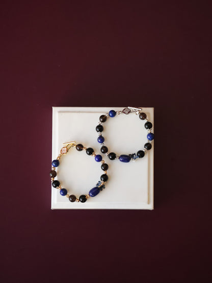 *Instocks*  Lunaris- 8mm Lapis Lazuli Barrel, Black Obsidian, Smoky Quartz with Bouquet OT Clasp (Elastic)