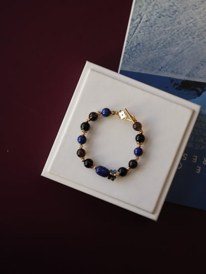 *Instocks*  Lunaris- 8mm Lapis Lazuli Barrel, Black Obsidian, Smoky Quartz with Bouquet OT Clasp (Elastic)