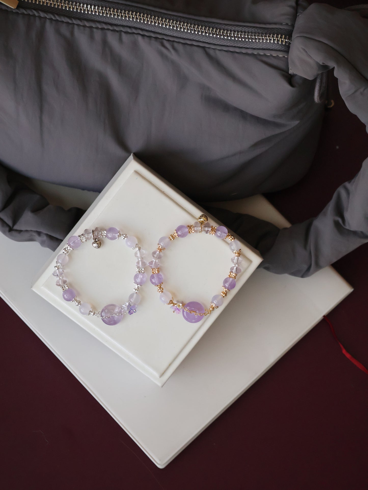 *Instocks* Odette - 8mm Amethyst & Lilac Chalcedony Ping An Kou 平安扣 with Bouquet (Elastic)