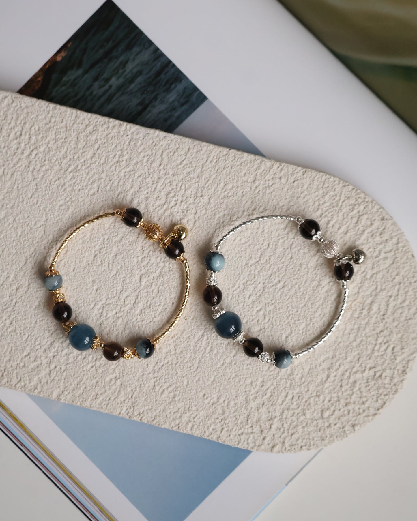 *Instocks* Orianna Bangles Series: 8mm Smokey Quartz and Devil's Eye Aquamarine