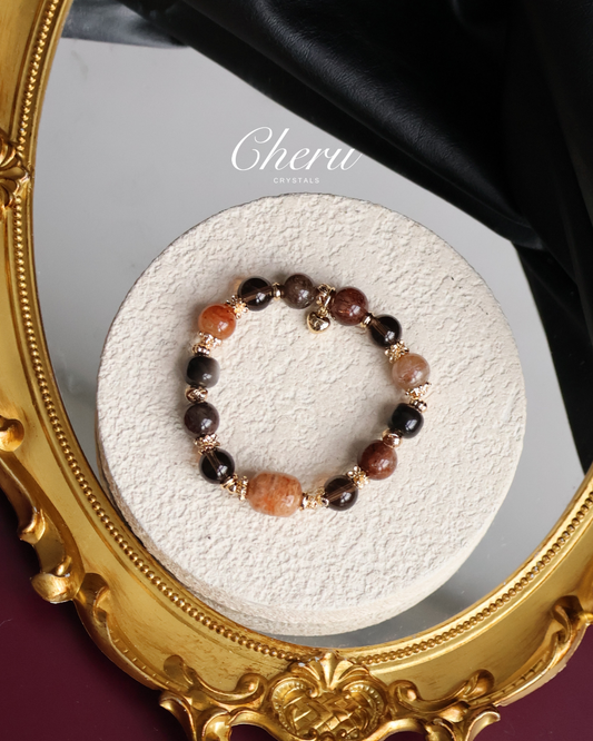 Garden Quartz, Smoky Quartz, Sliver Sheen Obsidian, Black Gold Super 7 Crystal Bracelet — Reddish Slushie Inspired Dupe | 10mm (Elastic)