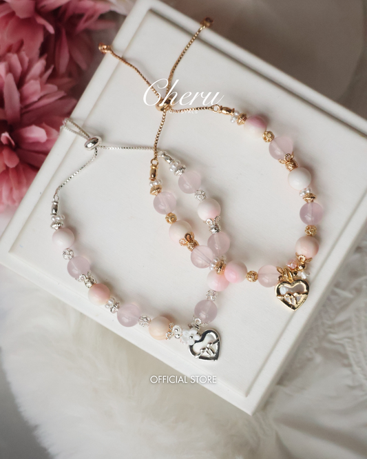 *Instocks* Mallow - 8mm Queen Conch, Rose Quartz with Dangly White Conch Heart Charm Push Pull (Elastic)
